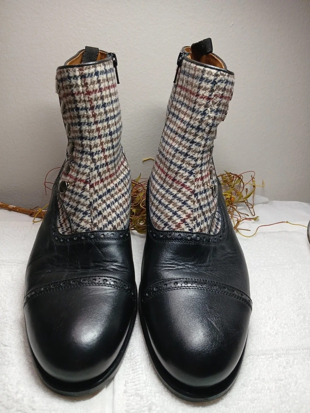 Taft Black Leather & Houndstooth Ankle Boots